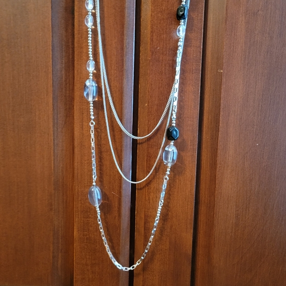 Silver Long Necklace Chain three layers with beads - Picture 9 of 10